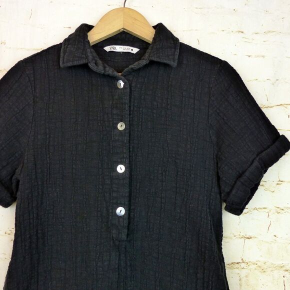 ZARA Romper Women XS Black Textured Crinkle Gauze Cotton Collared Button Up - Picture 4 of 12